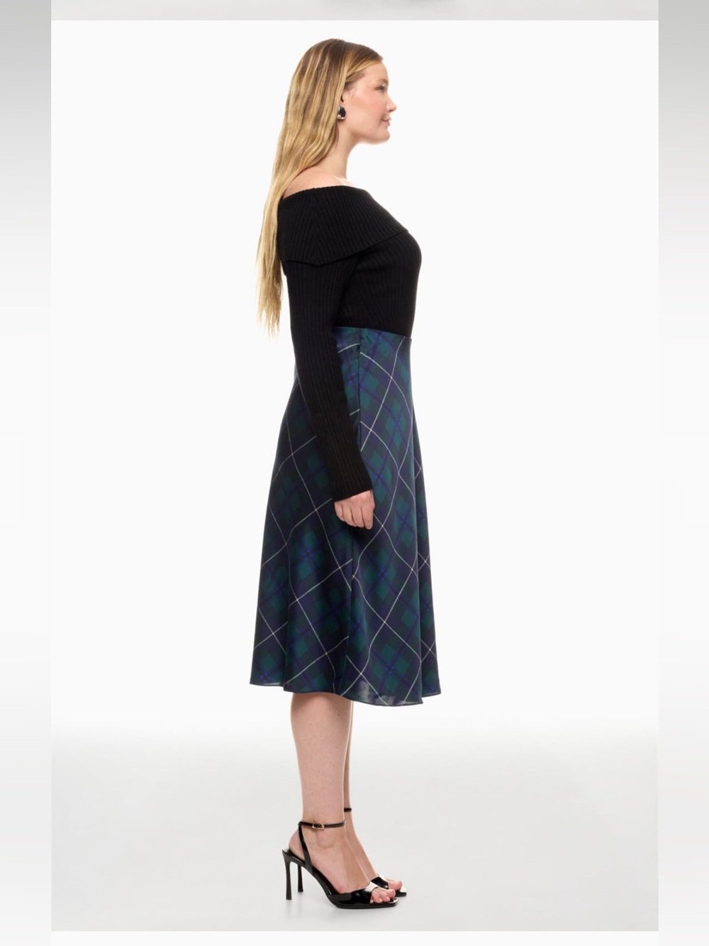 Lauren Ralph Lauren Navy and Green Plaid A-Line Midi Skirt - Picture 3 of 4